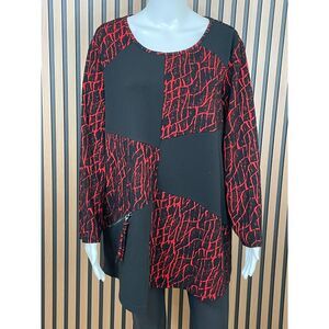 Ali Miles Women's 1X Red Blouse Top Polyester Tunic Stretch Artsy Art To Wear